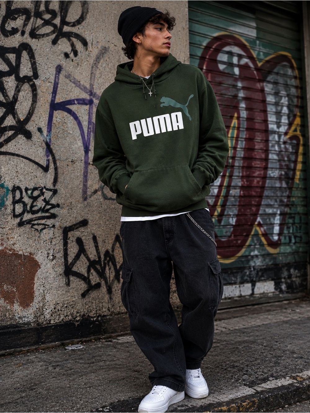 PUMA Dark Green Logo Pullover Hoodie Kangaroo Pocket Streetwear Men’s Size XL